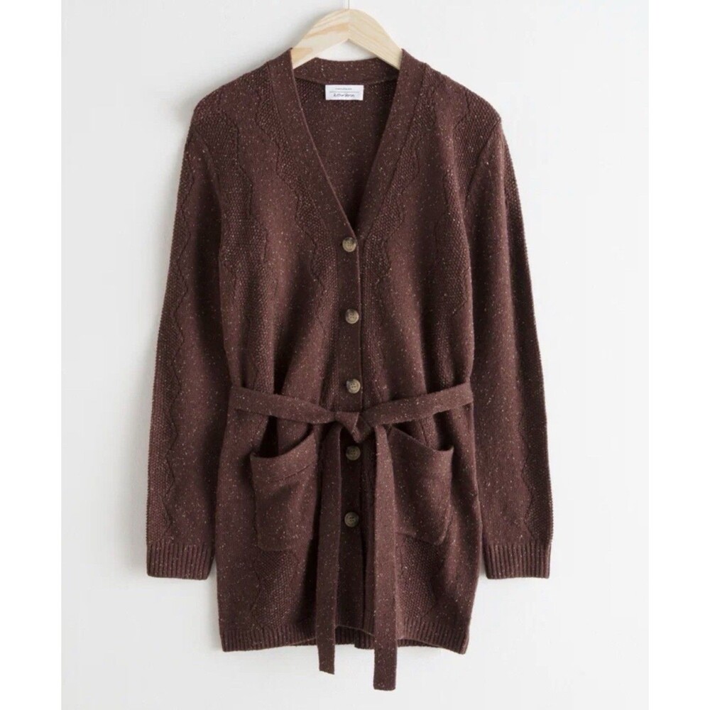 & Other Stories Women's Belted Zig Zag Button knit Cardigan front pockets Small